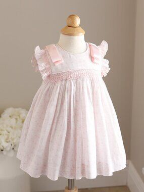 White and Pink Smocked Cotton Dress Satin Ribbon Bow Trim Luli & Me 6 Months NWT